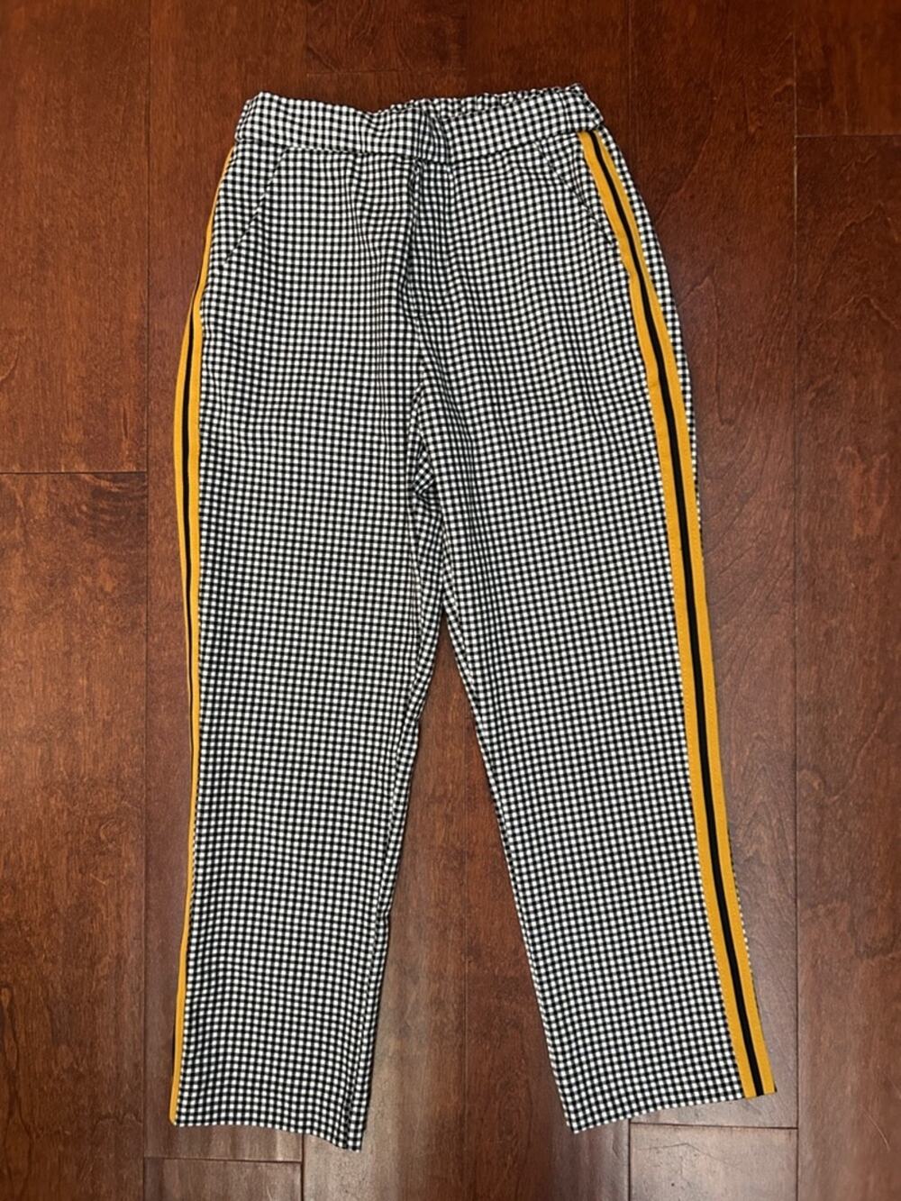 Zara Kids Black & White Gingham Pants with Yellow Side Stripe, Size 10